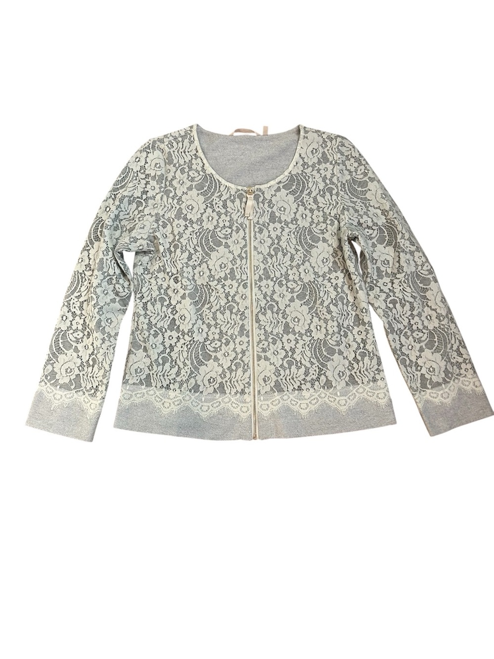 Soft Surroundings French Terry Light Gray Lace Zip-Front Cardigan